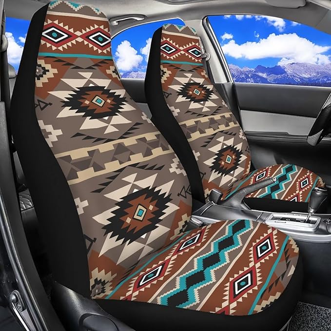 ELEQIN Front Car Seat Covers 2pcs, Brown Aztec Tribal Automotive Seat Covers Car Accessories Universal Size Fit for Most Cars,SUVs&Trucks&Vans