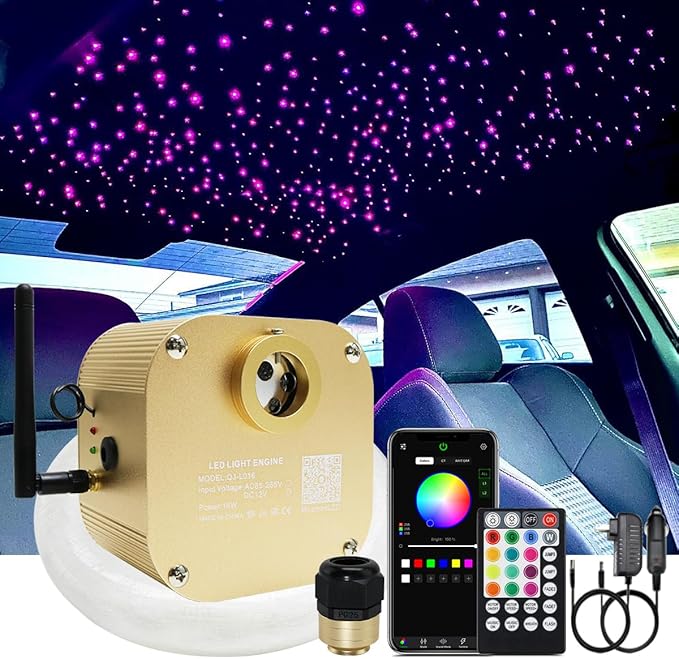 AKEPO 16W RGBW Twinkle APP Control Fiber Optic Lights, Music Activated+430pcs*9.8ft/3m (0.03+0.04+0.06in) Mixed Optical Fibers+Remote for Starlight Headliner Car Truck/Home Star Ceiling Light Kit