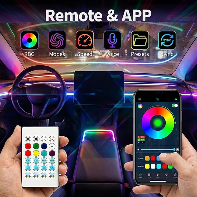 Ambient Lighting Car Led Lights Interior Kit, 4 in 1 Acrylic Led Lights for Car Center Console Dashboard,DC 12V APP Remote Control DIY Fiber Optic Music Sync RGB Neon Strip with Footwell Lighting