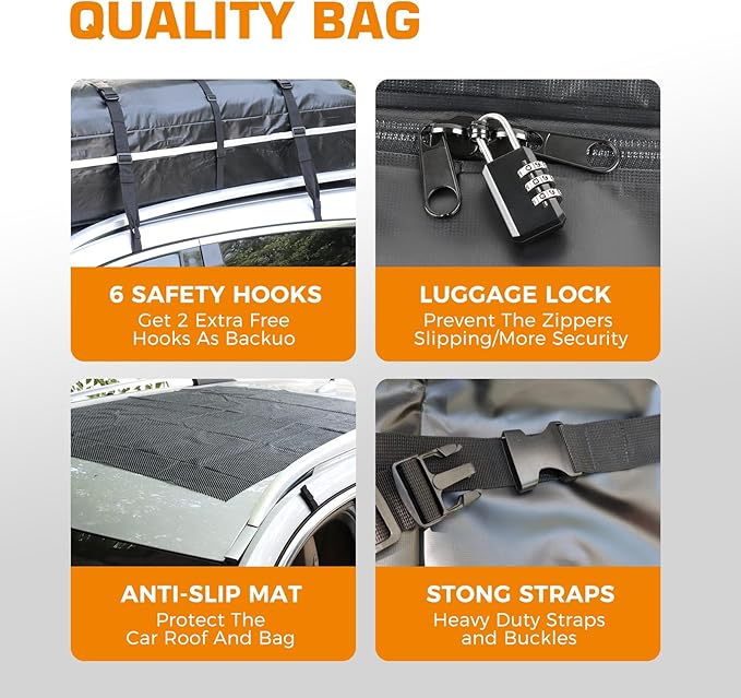 Car Rooftop Cargo Carrier Bag, 20 Cubic Feet 100% Waterproof Heavy Duty PVC Car Roof Bag for All Vehicle with/Without Racks -Anti-Slip Mat, 8 Reinforced Straps, 6 Door Hooks, Luggage Locks (Black)