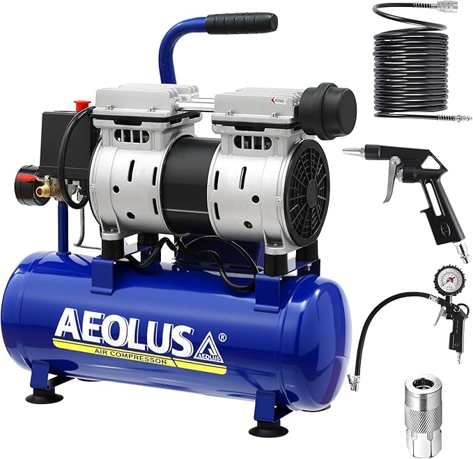 Ultra Quiet Air Compressor, 65dB, Oil-Free, Quick Couplers,115PSI, Portable Electric for Car and Bike Tires, Nail Gun, and Pneumatic Tools, Garage, Shop (Accessories Kit)