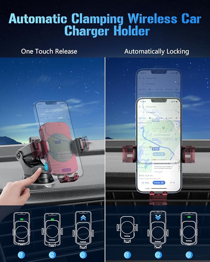 BothLin Wireless Car Charger, Fast Charging Phone Holder 3 in 1 Phone Mount Auto Clamping Car Accessories Compatible with iPhone 17 16 15 14 13 12 11 Xs XR, Samsung S23 Ultra S22 S21 S20(Deep Red)
