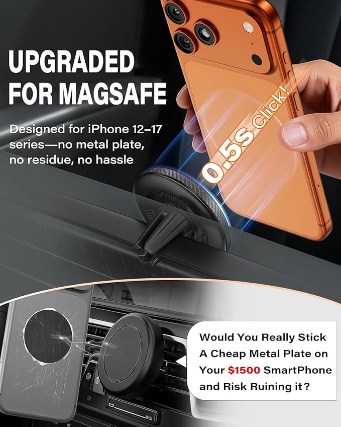 A2C 2 Pack Slim Magnetic Phone Holder for Car, Rental Car Essentials for Travel, No Assembly, Compact, One-Hand Operation, Easy Removal, Reusable, Upgraded Air Vent Phone Mount Compatible with MagSafe