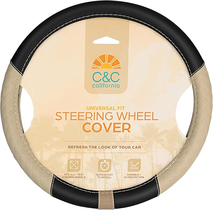 BDK C&C California Car Steering Wheel Cover Beige Diamond Quilt, Non Slip Leather Steering Wheel Cover for Women Men, Cute Comfortable Soft Easy Installation Universal Fit (Fits 14.5"-15.5" Inches)