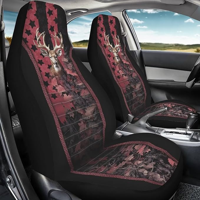 KEIAHUAN Universal Front and Bench Seat Covers American Flag Camo Deer Hunting Car Seat Cover Auto Accessories for Most Sedans,SUVs,Truck,Vans
