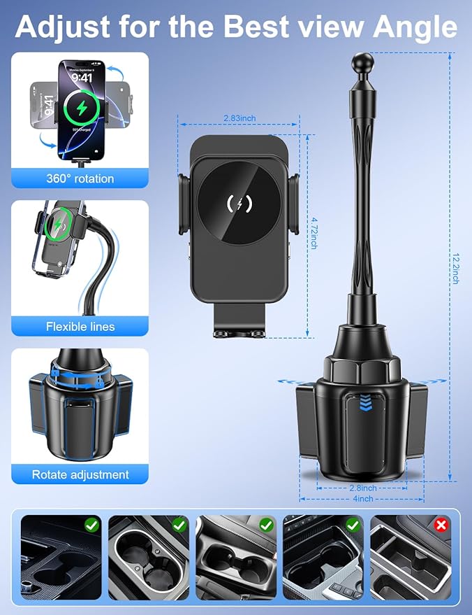 Cup Holder Phone Mount, [Auto Clamping] 2 in 1 Wireless Car Charger Holder Fast Charging, 15W with Quick Extension Long Arm, Fast Swivel Adjustable, 360° Rotatable for iPhone 17/16/15/14/13/12 pro/12