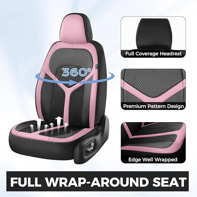 FLORICH Car Seat Covers Front Seat, Universal Seat Cover 2 Seats, Automotive Seat Covers with Mesh Leather, Waterproof Car Seat Protector, Breathable Car Seat Cushion for Most Car SUV Truck Pink