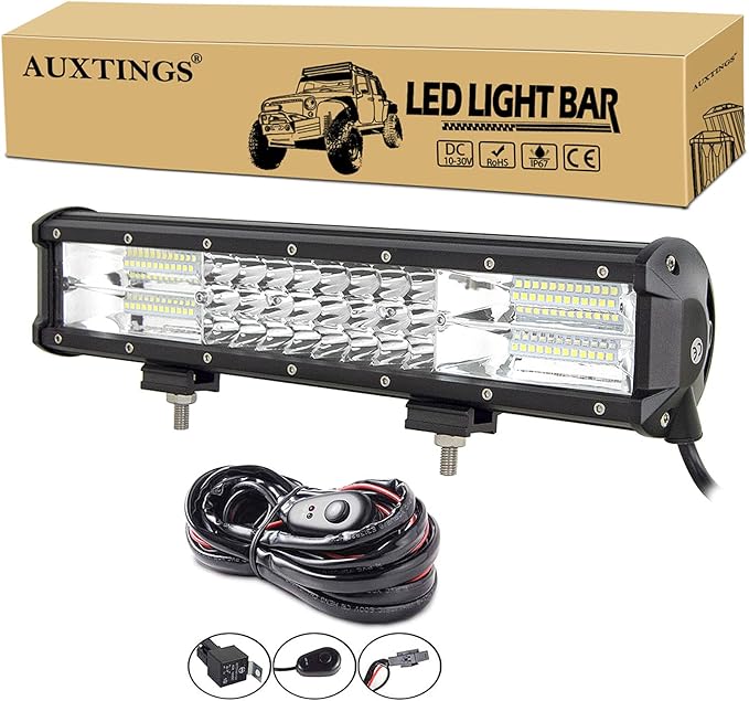 AUXTINGS 15 inch 216W LED Light Bar Triple Row Spot Flood Combo Beam Off Road Lights Waterproof Work Light with Wiring Harness for JP Trucks SUV ATV UTV Boat Lights, 12V 24V