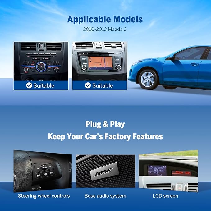 Eonon 4G+64G Car Stereo Android 14 Receiver for Mazda 3 2010-2013,Wireless CarPlay & Android Auto Headunit, 9" Touchscreen GPS Navigation,Bluetooth,AM/FM,SWC,M3BLX7A