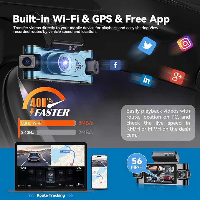 4K DashCam for Cars,4 Channel Car Dash Cam Front and Rear Inside with Voice Control,5G WiFi GPS, Night Vision, G Sensor, WDR, 24/7 Parking Mode Free 128G Card Loop Recording (Blue)