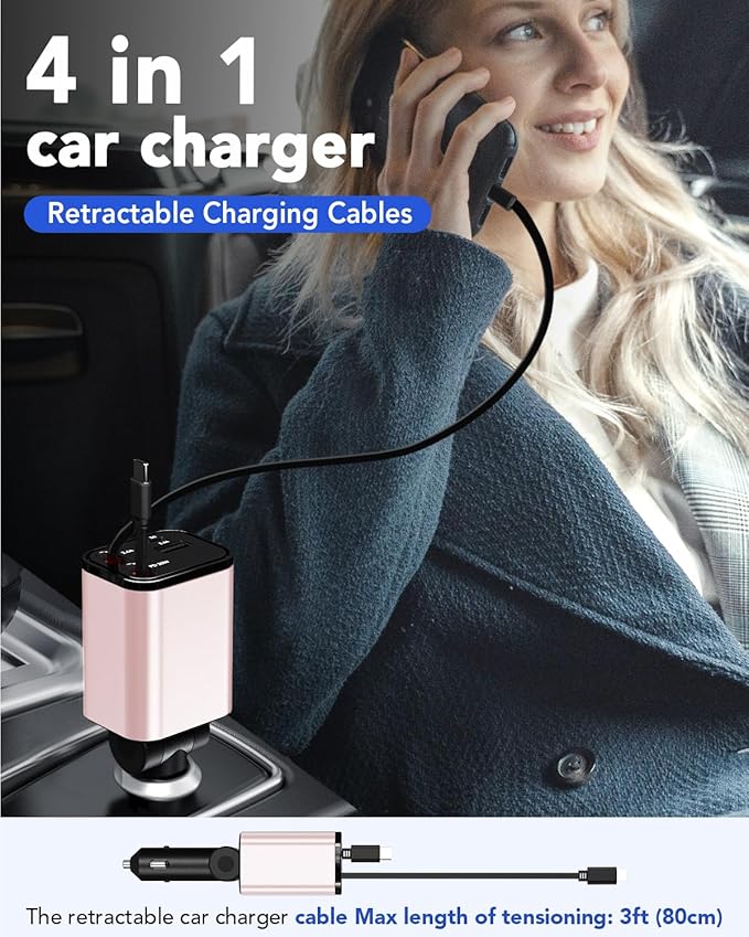 Retractable Car Charger Adapter for iPhone 17,4 in 1 Fast Charging Car Phone Charger,69W USB C Car Truck Accessories,Road Trip Essentials Gift for Men Women for iPhone 17 Pro Max/16/15/14/13/12,Galaxy