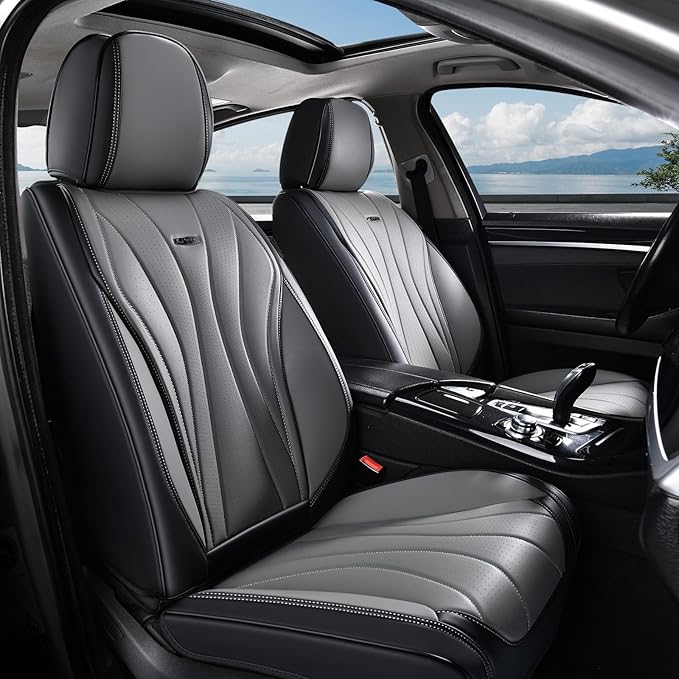Coverado Car Seat Covers, 5 Seat Front and Back Seat Covers, Waterproof Seat Cover Full Set, Leather Seat Cover for Cars, Car Seat Protector, Car Seat Cushion Universal Fit for Most Cars (Black&Gray)
