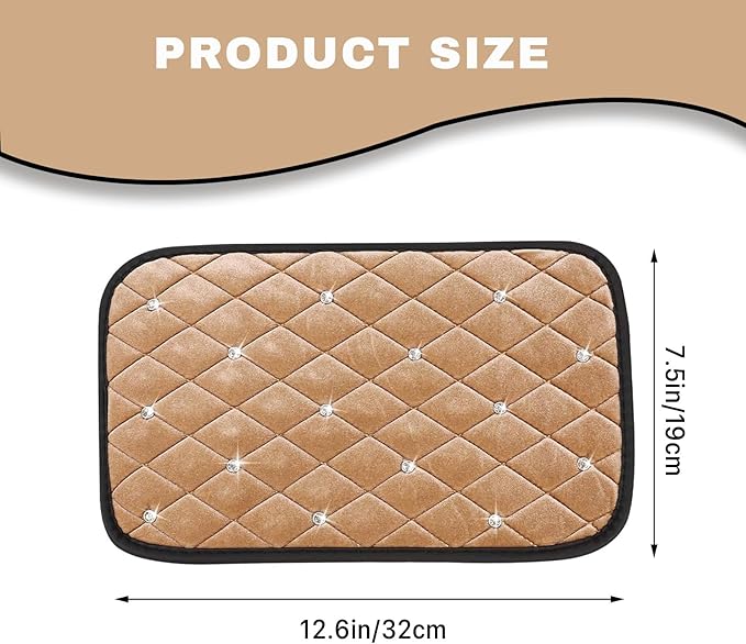 Bling Car Center Console Cover, Soft Fluffy Armrest Seat Box Cushion Pad, Crystal Diamond Arm Rest Protection Mat, Automotive Interior Decoration Accessories for Most Vehicles (Beige)