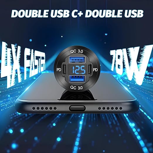 12 Volt USB Charger, 12v USB 4-Port Aluminum Alloy USB C Outlet with LED Voltmeter,Dual PD3.0 & QC3.0 for 12/24V Car Golf Cart Boat Marine Bus Truck RV Marine Motorcycle etc (Pack of one)