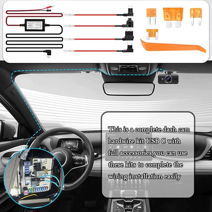 9.68Ft Type C Dash Cam Hardwire Kit 12-30V to 5V,Hardwire Kit for Dash Camera Includes 5A Blade Fuse/Fuse Tap/Power Cable/Tool,Dashcam Hardwires Kits USB C with Low Voltage Protection