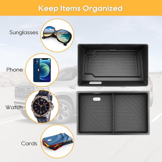 LFOTPP Center Console Organizer for 2025-2026 GMC Yukon (Elevation/AT4) 2PCS Armrest Storage Box Tray ABS Materials& TPE Wirless Mats Storage Box- Only Compatible with Console Without Cover
