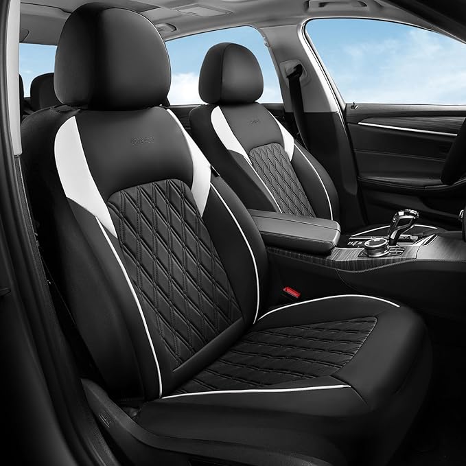 Coverado Car Seat Cover, Car Seat Covers Front Seats, Waterproof Car Seat Covers, Car Seat Cushion, Front Seat Covers Faux Leather Driver Car Seat Protector Fit for Most Cars Trucks SUV, Black&White