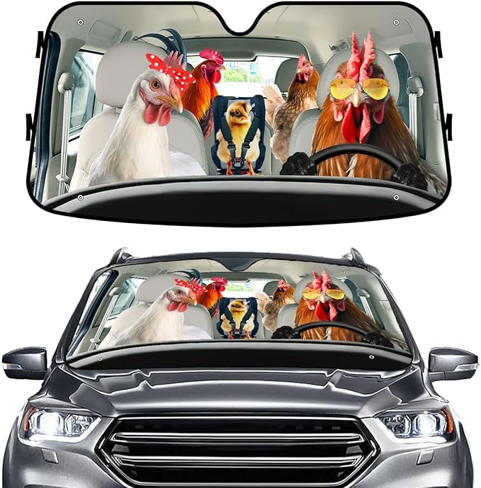 GENANY Farm Chicken Family Funny Windshield Sun Shade for Car SUV Truck (55x30 Inches), Sun Shade Windshield, Protector Blocks UV, Spring Car Decor
