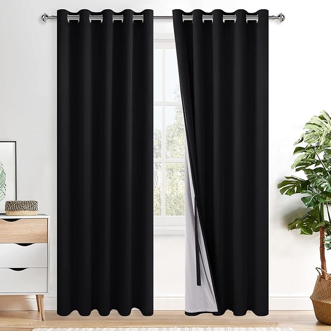 XWZO 100% Blackout Curtains with Tiebacks- Heat and Full Light Blocking Window Panels with Grommets & Thermal Insulated Draperies for Wide Large Window, Black, W60 x L84, Set of 2