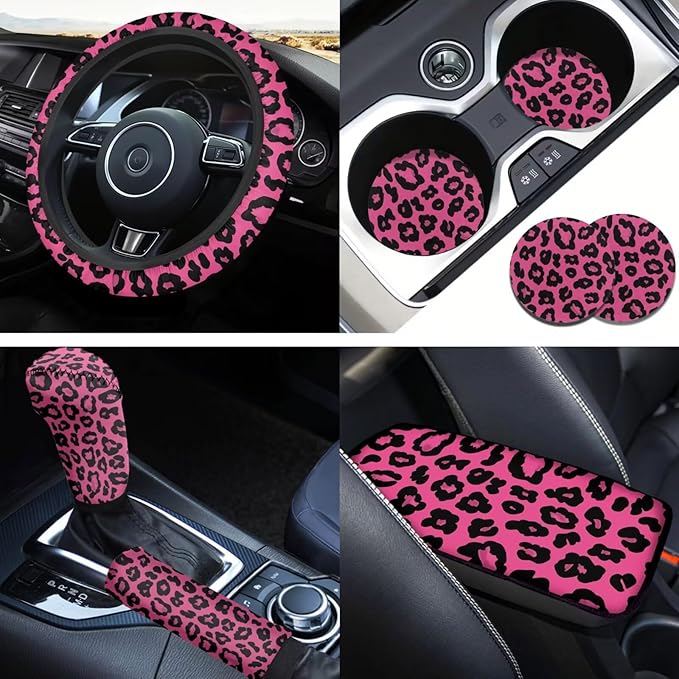 Pink Leopard Print Steering Wheel Covers Set for Women Car Interior Decor Cup Coaster Handbrake Cover Suit for Most Cars Truck Vans SUV-6 Pcs