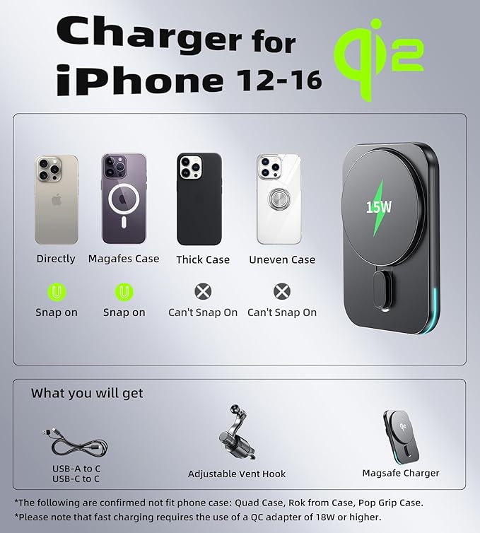 Mukiya for MagSafe Car Charger Mount, Qi2-Certified 15W Magnetic Wireless Car Charger Air Vent，Car Phone Holder Mount for iPhone 17/16/1514/13/12 Series, Pixel 10 Series, Galaxy S25 Series