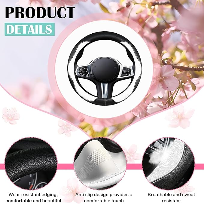 SuperKaKa Car Steering Wheel Cover 2024, Universal Auto PU Cute Breathable Slip-Proof Comfort Imitation Leather Protector Cars Interior Accessories for Women Men Fit Most Vehicle (White)