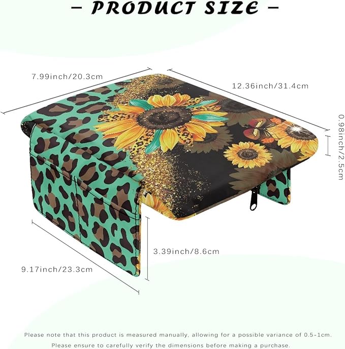 Wanyint Sunflower Leopard Print Green Car Center Console Pad Comfortable Anti-Slip Armrest Cushion with Organizer Pocket Arm Rest Cover Console Lid Protector Cushion Auto Interior Accessories