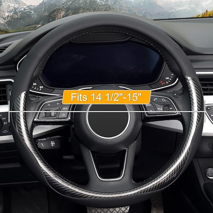 KAFEEK Carbon Fiber Steering Wheel Cover, Universal 15 inch Black,Anti-Slip, Odorless