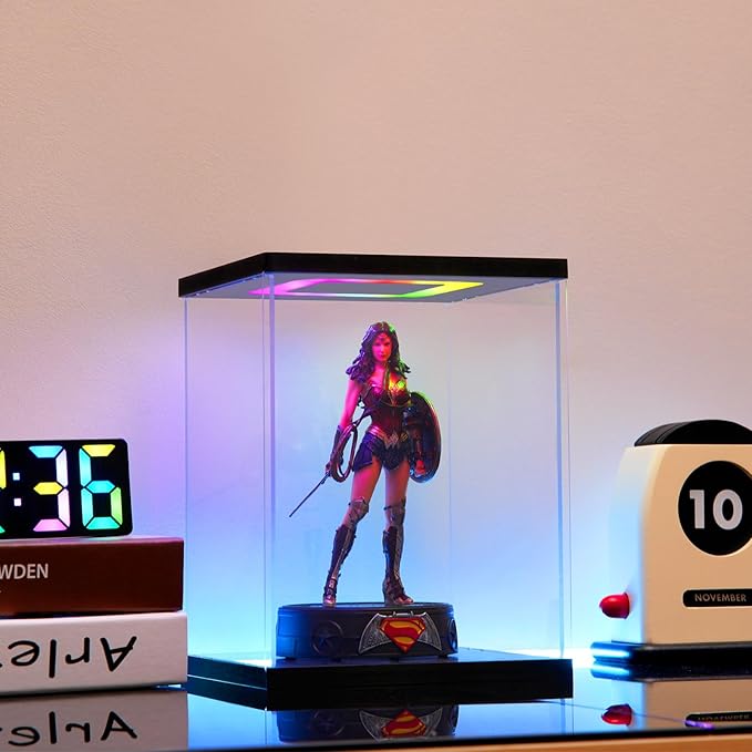 Clear Acrylic Display Case with Light for Lego Helmet, Multiple Color Lights Dustproof Protection Display Box for Collectibles Action Figures（7×7×9inch）