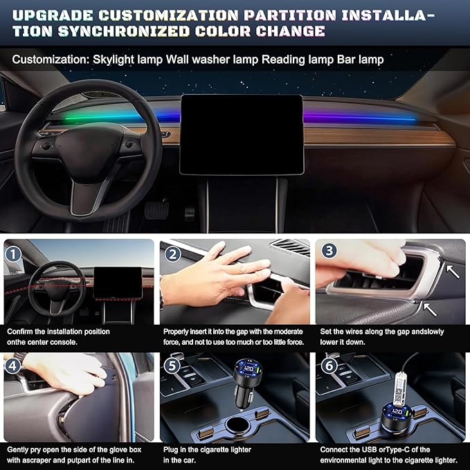 Dreamcolor Acrylic Interior Car LED Strip Light with USB/Type C/4-Port Cigarette Lighter, RGB 10 in 1 with 179.2 inches 650 LEDs Ambient Lighting Kits, Sound Active Function Neon Led Strips for Car