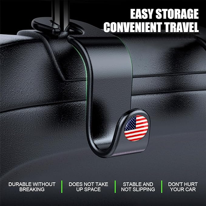 4PCS Car Seat Headrest Hooks, Auto Back Seat Hanger Holder, Durable Stylish Vehicle Organizer Universal Car Interior Accessories, Storage Hooks for Purses, Bags, Clothes, Hats (Black/Red Flag)