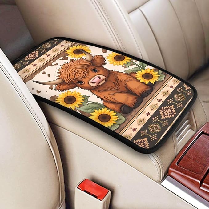 Universal Car Center Console Cushion Pad, Cute Highland Cow Sunflower Soft Waterproof Car Center Console Cover Auto Armrest Seat Box Cover Protector for Most Vehicle SUV Truck Car