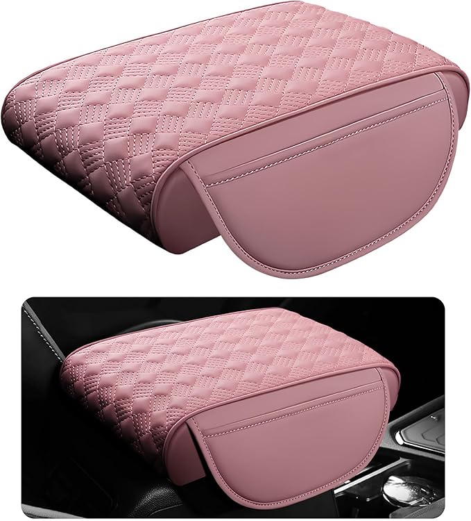 Car Armrest Cushion, 12.2"×8.3" Leather Auto Memory Foam Center Console Pad with Storage Pocket, Waterproof & Anti-Scratch Elbow Pillow Armrest Seat Box Protector, Universal Fit (Pink)