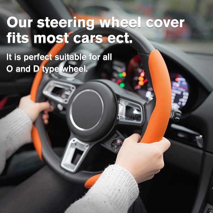 Amiss Nappa Leather Steering Wheel Cover, Segmented Steering Wheel Protector, 2PCS Universal 99% Car Wheel Cover Protector (Orange)