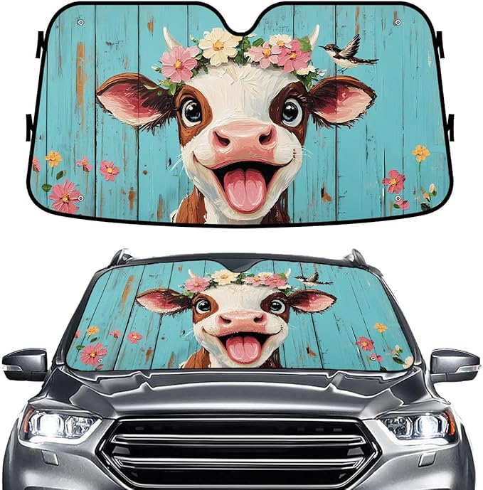 GENANY Smiling Cow Windshield Sun Shade for Car SUV Truck (55x30 Inches), Sun Shade Windshield, Shades for Front Windows, Xmas Auto Gift, Spring Car Decor