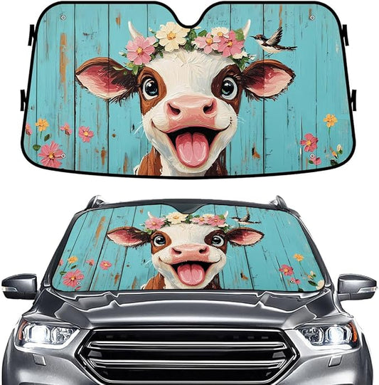 GENANY Smiling Cow Windshield Sun Shade for Car SUV Truck (55x30 Inches), Sun Shade Windshield, Shades for Front Windows, Xmas Auto Gift, Spring Car Decor
