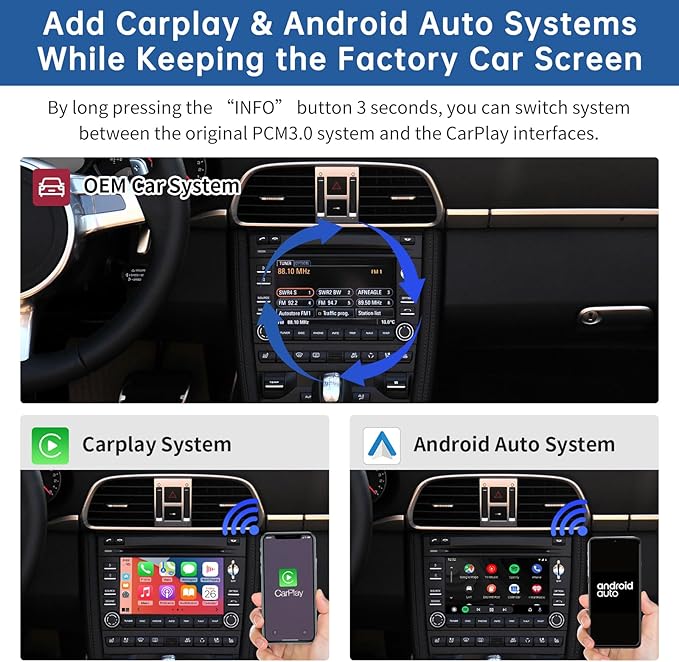 Road Top Wireless CarPlay Android Auto Retrofit Kit for Porsche PCM 3.0 (2008–2012) | Compatible with Cayenne 911 Cayman Boxster | CarPlay Interface Decoder, MirrorLink, Reverse Camera