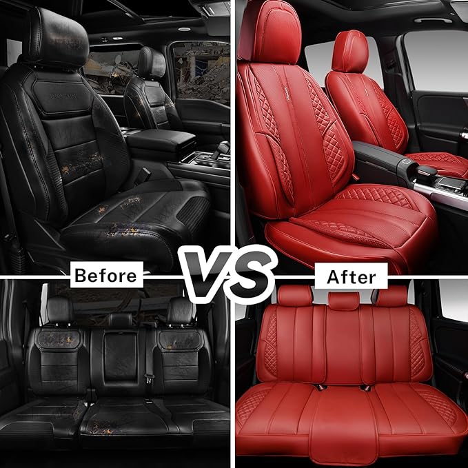 CAR PASS Nappa PU Leather Car Seat Covers Full Set Waterproof Protector Durable Cushioned,Universal Fit for Sedan SUV Pick-up Truck,Anti-Slip Luxury Premium Deluxe(Red)