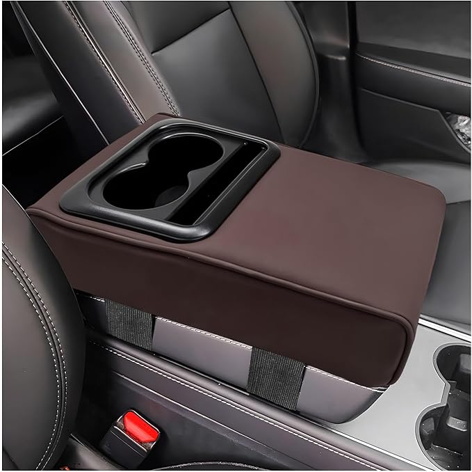 Car Center Console Armrest Pillow, Memory Foam Auto Armrest Box Cover with Cup Holder & Phone Holder, Waterproof Leather Arm Rest Protector Cushion, Interior Car Accessories (Coffee)