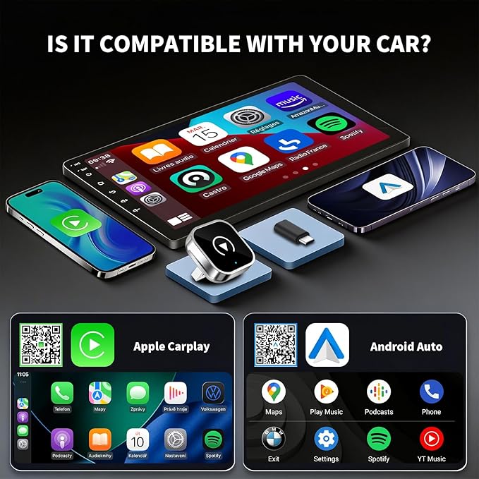 Wireless CarPlay and Android Auto Adapter, Ultra-Compact Aluminum Design with Dual-Band Technology, USB-C/USB-A Compatible for Wired CarPlay Vehicles