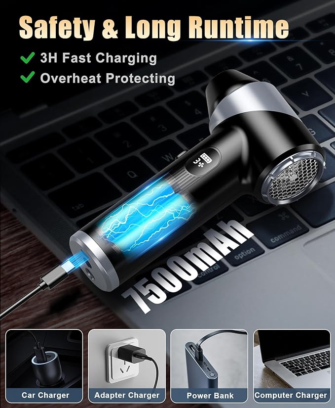 Compressed Air Duster-310,000RPM Cordless Air Blower with LED Light, 4 Gear Adjustable Turbo Fan, Super Power Electric Air Duster for Computer, Keyboard, Outdoor, House and Car
