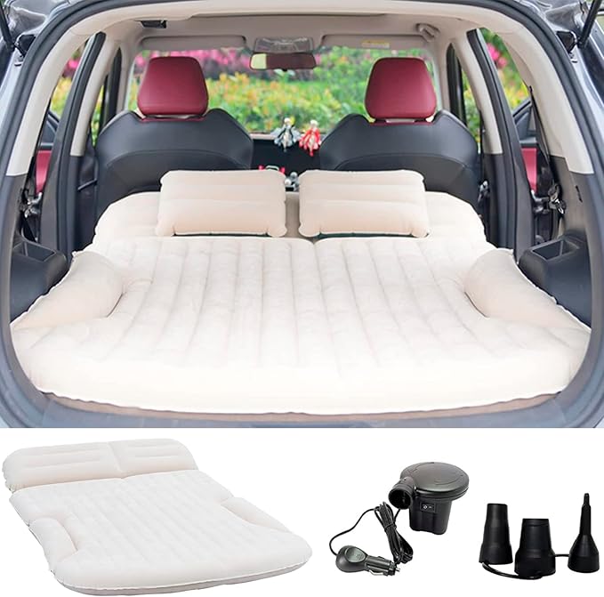 KMZ SUV Air Mattress Thickened and Double-Sided Flocking Travel Camping Bed with 2 Pillows & Pump Dedicated Mobile Cushion Inflatable Bed for SUV Trunk and Rear Seat (Beige and Coffee)