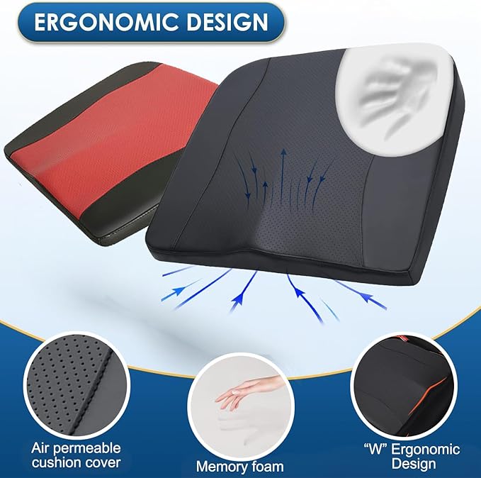 Car Seat Cushion,Thickened Comfort Memory Foam Seat Cushions for Car and Office Chair - Sciatica & Lower Back Pain Relief, Driver Seat Pillow for Auto, Office Chair, Wheelchair Pad-Black Red