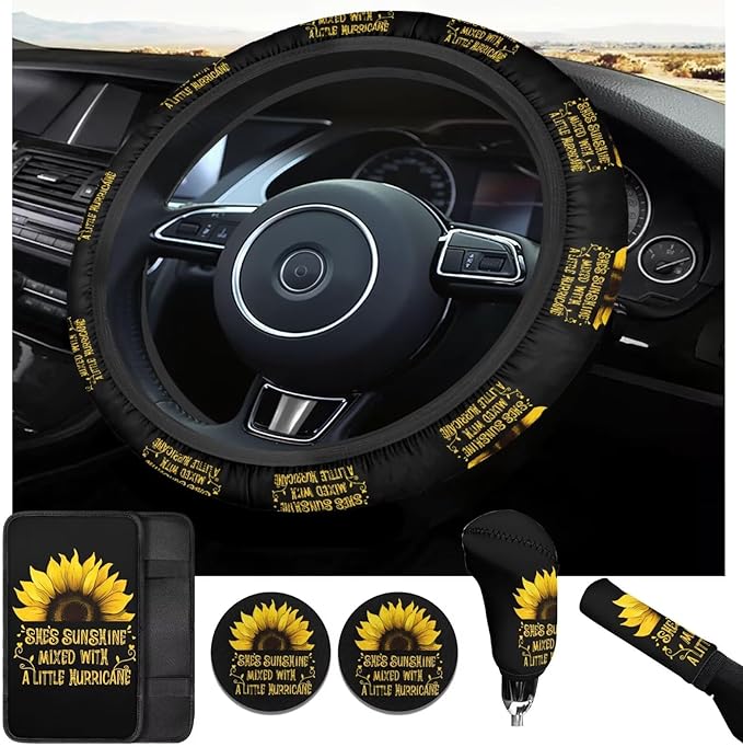 Sunflower Car Accessories 6 Pcs Sets Sunflower Car Steering Wheel Cover Set for Men Women Auto Interior Accessories Cup Holder Fit Vans Trucks,SUV