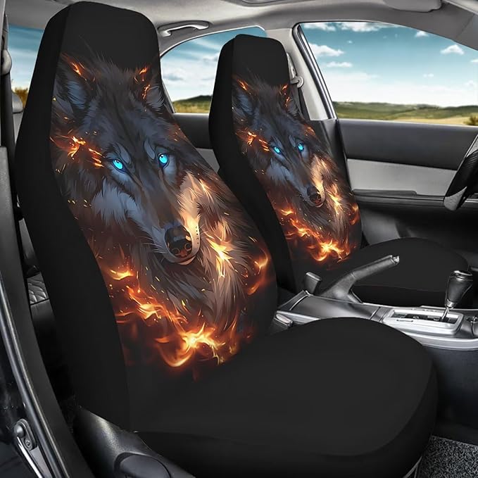 Car Seat Covers Front Seats Only Breathable Fire Wolf Cool Car Seat Cover for Additional Protection Fashion Auto Interior Accessories Easy Installation Universal Fit Most Cars