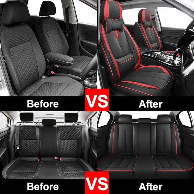 Fit for 98% of Mercedes Benz Car Seat Covers with Headrests, Premium Nappa Leather Seat Cover, Fully Wrapped Protect Modern Style Seat Cover (5-Seat Luxury, Black & Red)
