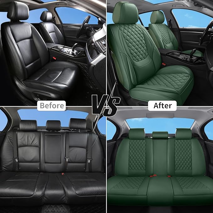 Car Seat Covers Full Set Purple, Luxury Faux Leather Waterproof Non-Slip Women Seat Protector Universal Fit for Most Cars SUVs Trucks Pick-ups,Car Interior Accessories (Green-Full Set)