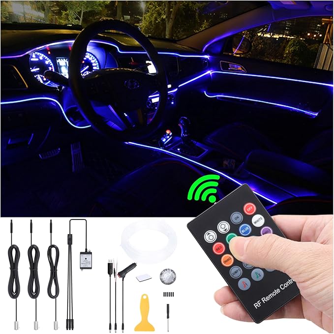 Car Ambient Lighting Optic Fiber 8 Colors Music Sound Active with RF Remote Control Car Decorative Atmosphere Lighting Kit DC 12V 1W 4m