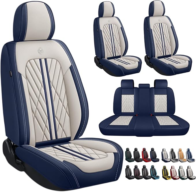 Premium Nappa Leatherette Car Seat Cover Set Custom Fit for Honda CR-V CRV 2000-2023 2024 2025 2026 Water-Proof Breathable Faux Leather Seat Cushion Protectors (Full Set 5 Seats,Beige Blue)