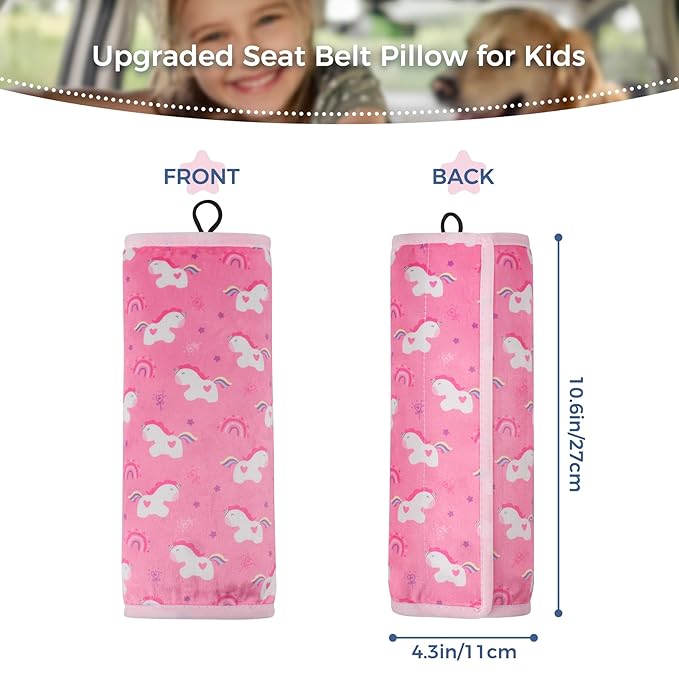 COOLBEBE Seat Belt Pillow for Kids, Extra Soft Toddler Travel Pillow for Car Seat, Universal Carseat Strap Cushion Pads for Childs Baby People Adults, Pink Unicorn